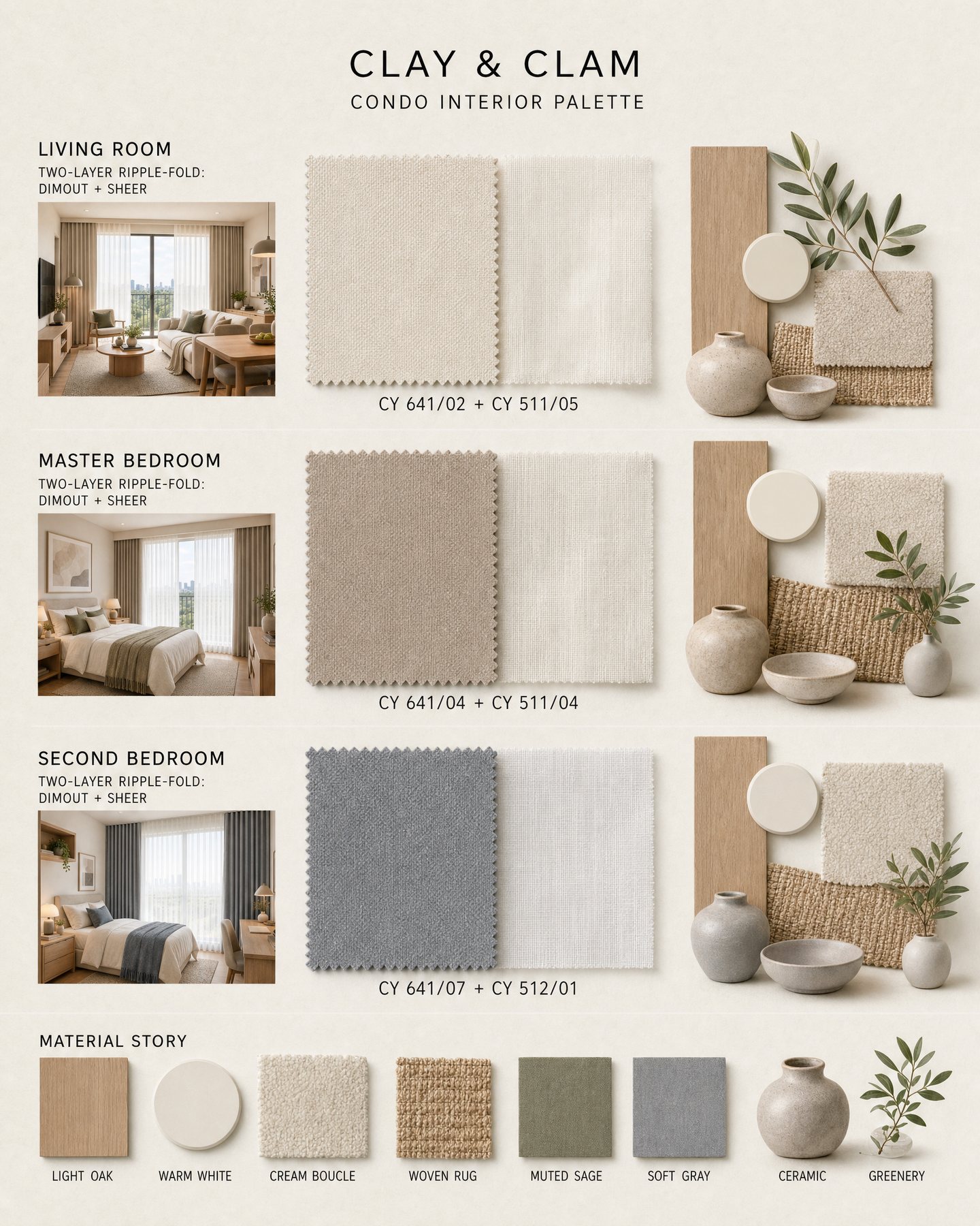 พาเลตต์ผ้า Clay & Clam สำหรับคอนโด ห้องนั่งเล่น ห้องนอนใหญ่ และห้องนอนที่สอง พร้อมวัสดุตกแต่ง