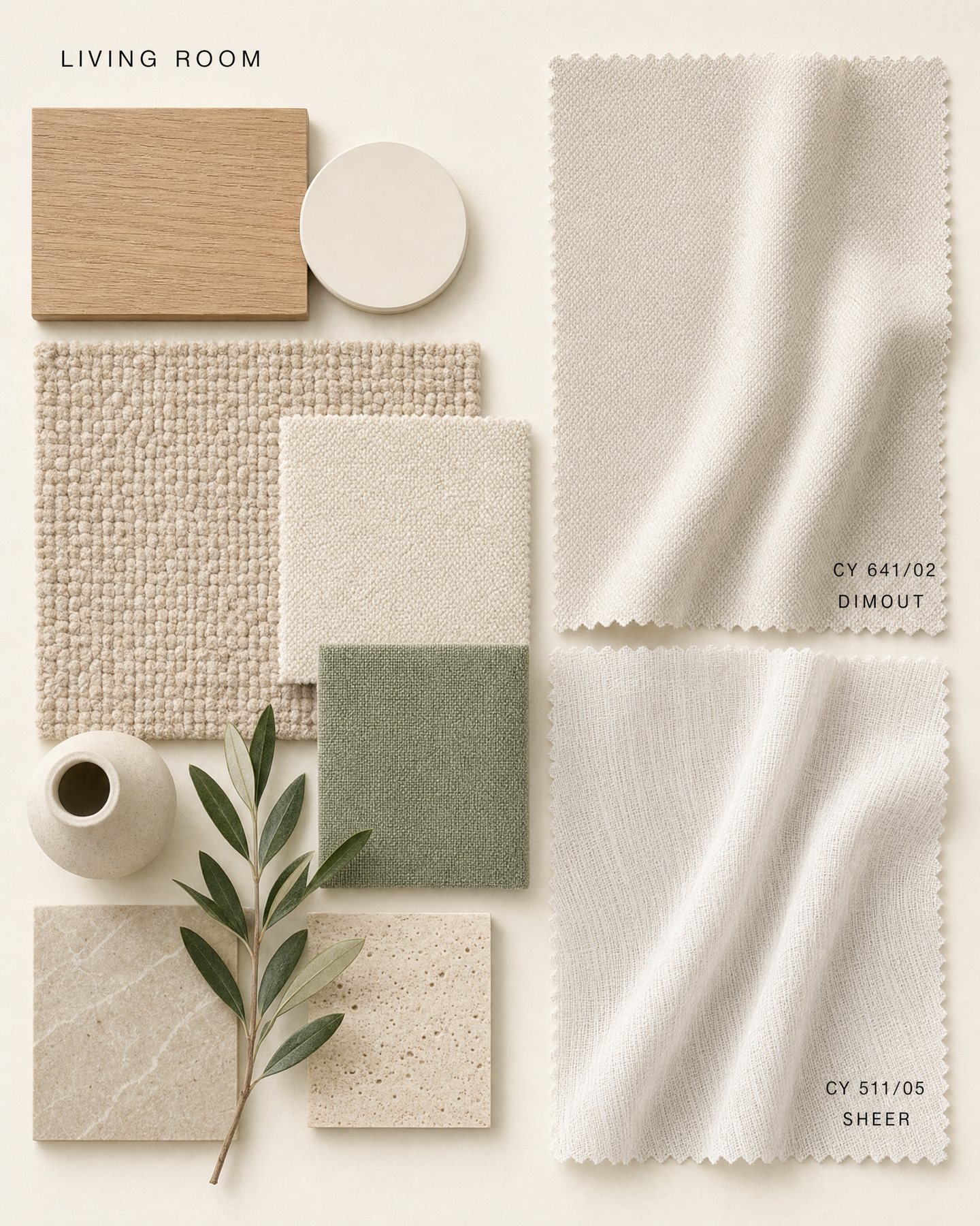 มู้ดบอร์ดห้องนั่งเล่น ผ้า CHALEEYA Clay & Clam CY641/02 Dimout และ CY511/05 Sheer กับไม้โอ๊ก หินและเซรามิก