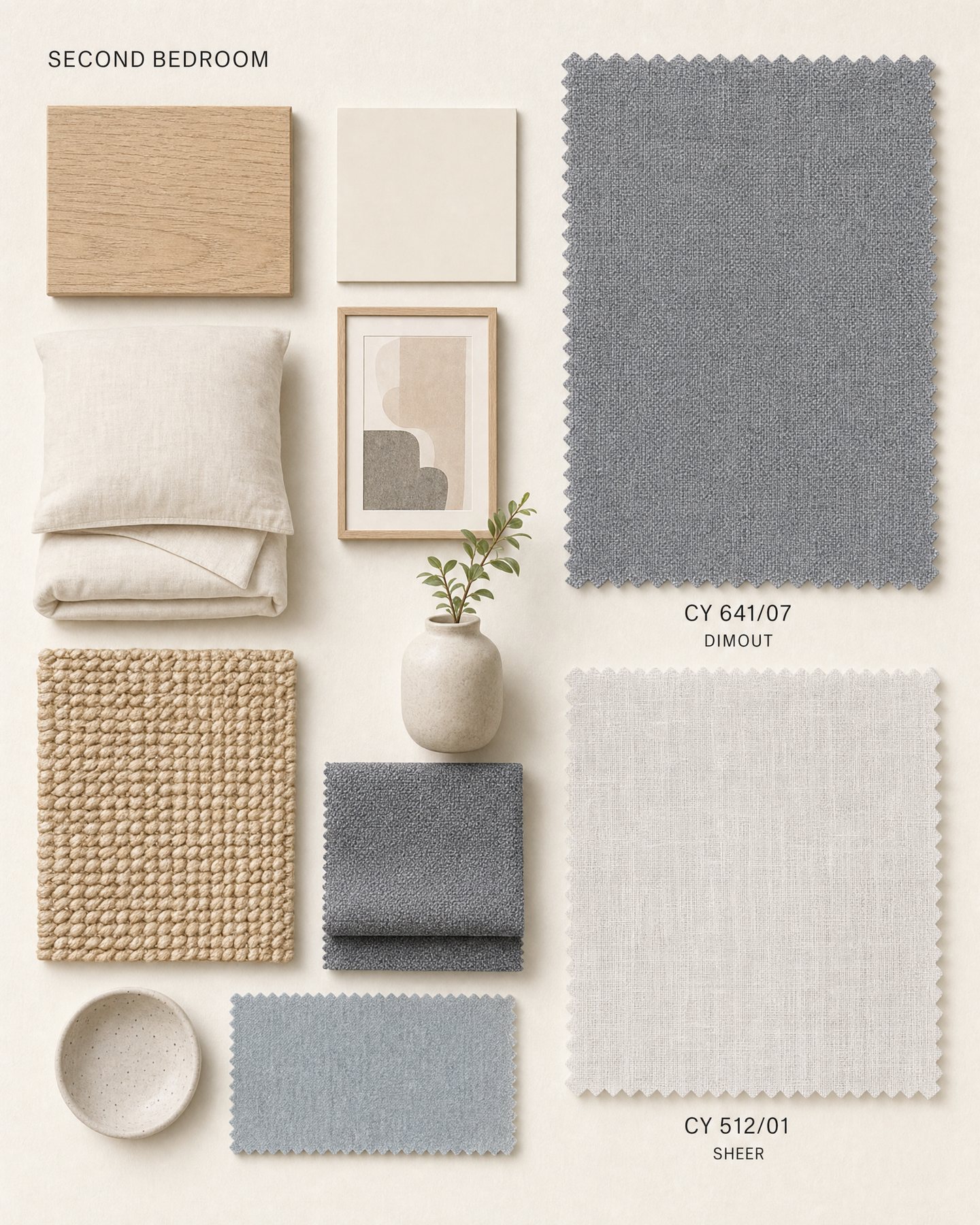 มู้ดบอร์ดห้องนอนที่สอง ผ้า CHALEEYA Clay & Clam CY641/07 Dimout และ CY512/01 Sheer