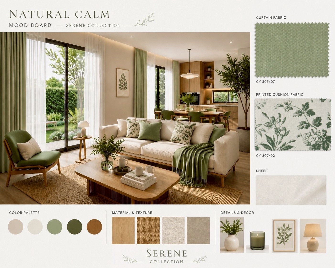มู้ดบอร์ด Natural Calm ผ้า CHALEEYA Serene CY805/07 และผ้าพิมพ์ลาย CY807/02
