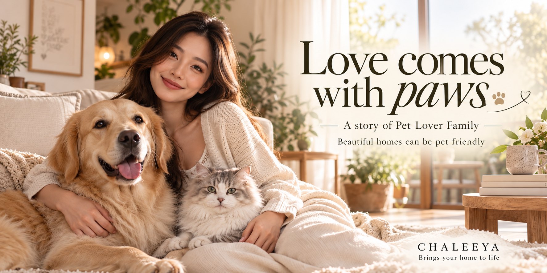Love comes with paws — A story of Pet Lover Family · ผู้หญิงกอดสุนัขโกลเด้นรีทรีฟเวอร์และแมวขนยาวสีเทาขาวในห้องนั่งเล่นแสงธรรมชาติ