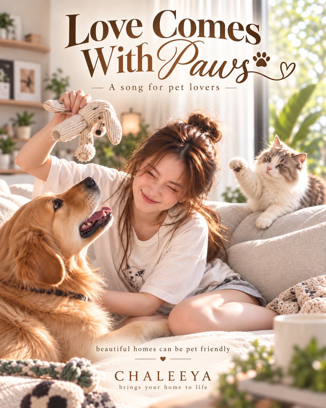 ภาพปกเพลง Love Comes With Paws ผู้หญิงเล่นกับสุนัขโกลเด้นและแมวบนโซฟา